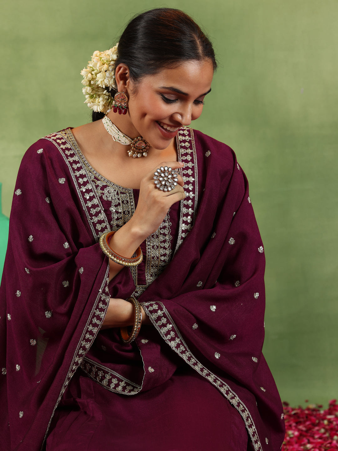 Maroon Yoke Design Silk Blend Anarkali Suit With Dupatta