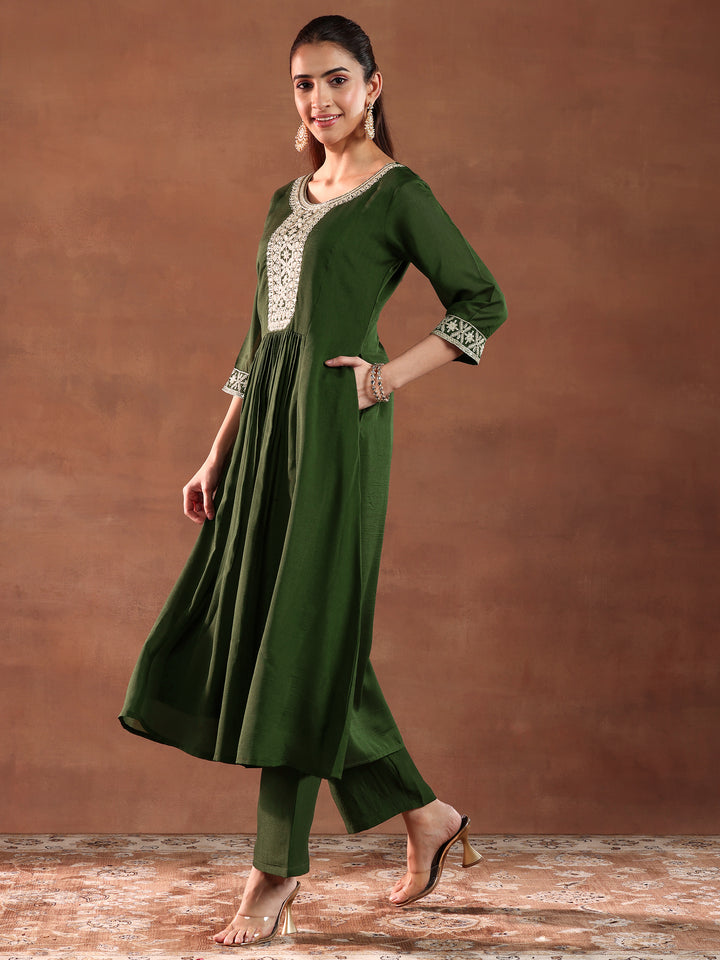 Olive Green Yoke Design Silk Blend Anarkali Suit With Dupatta