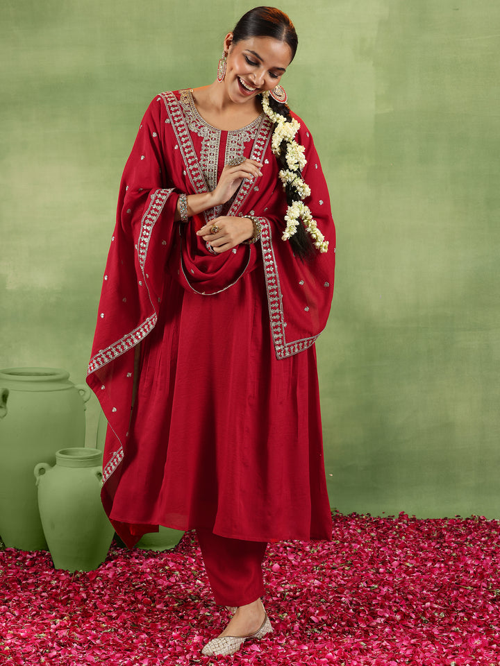 Red Yoke Design Silk Blend Anarkali Suit With Dupatta