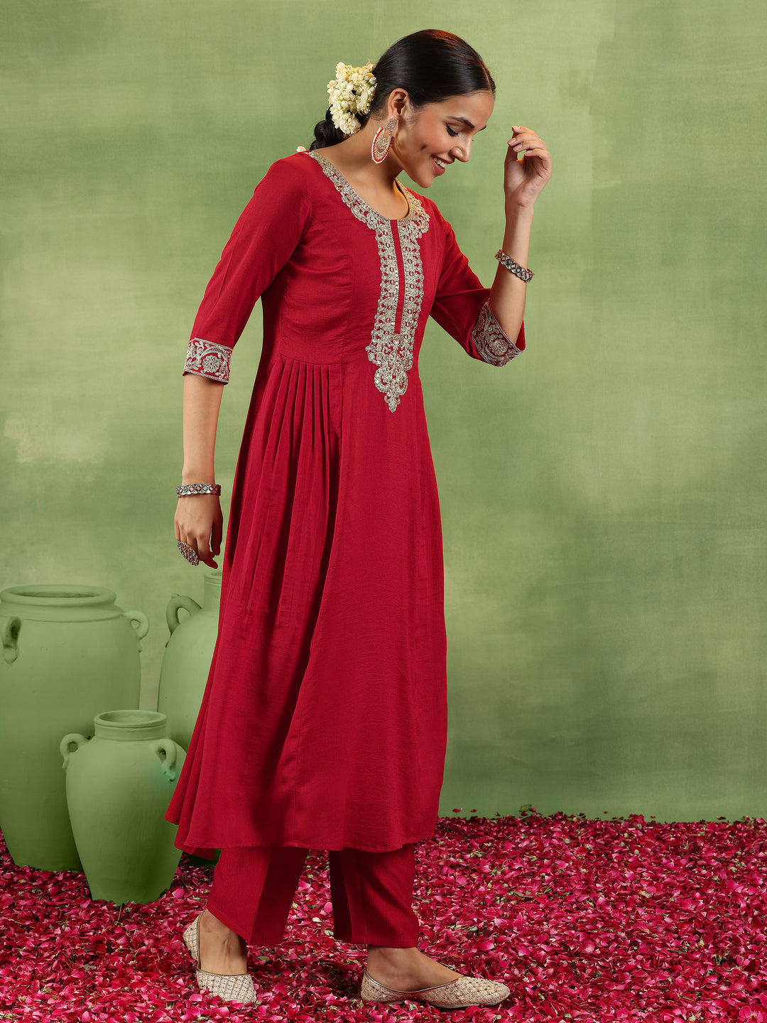 Red Yoke Design Silk Blend Anarkali Suit With Dupatta