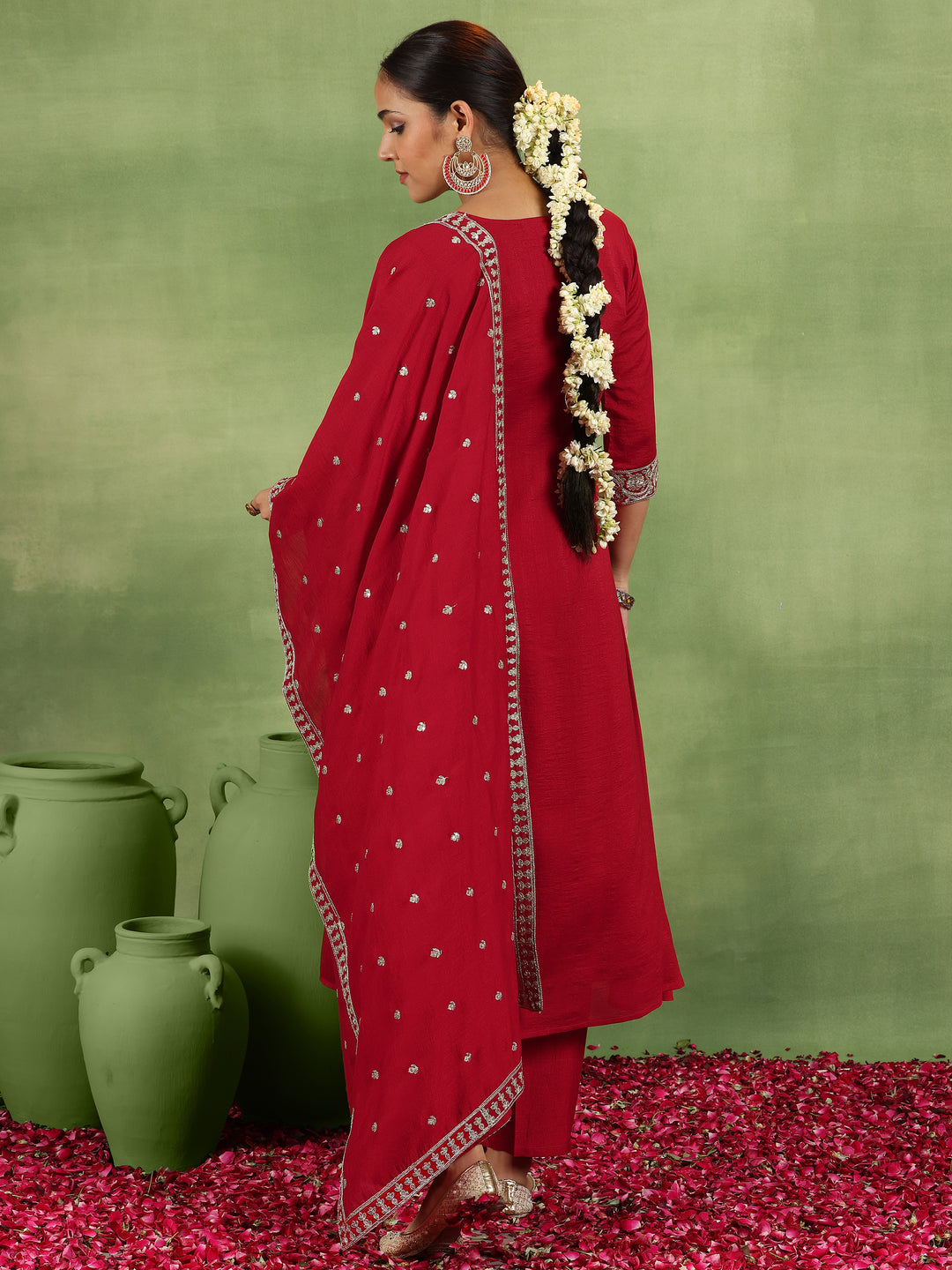 Red Yoke Design Silk Blend Anarkali Suit With Dupatta