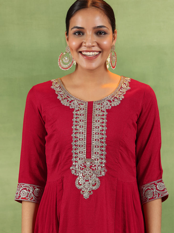 Red Yoke Design Silk Blend Anarkali Suit With Dupatta