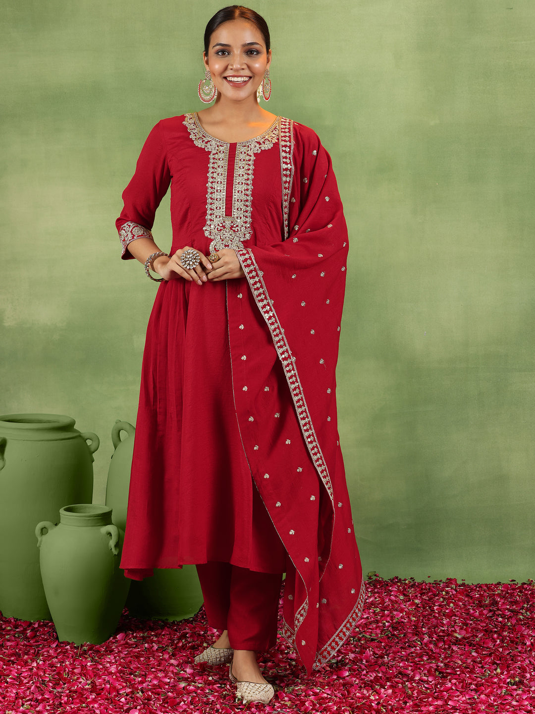 Red Yoke Design Silk Blend Anarkali Suit With Dupatta