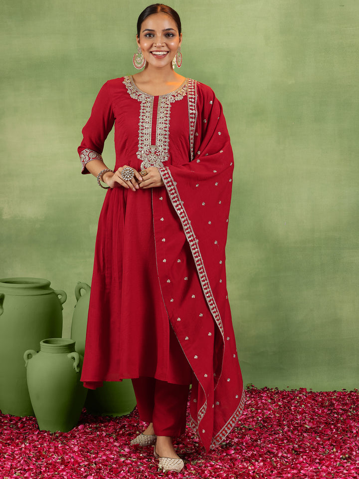 Red Yoke Design Silk Blend Anarkali Suit With Dupatta