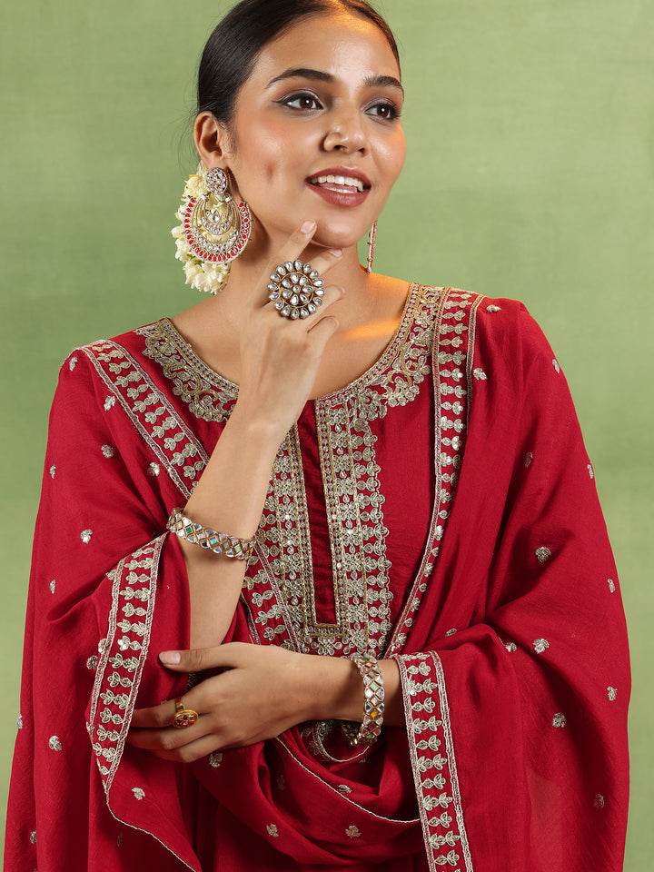 Red Yoke Design Silk Blend Anarkali Suit With Dupatta