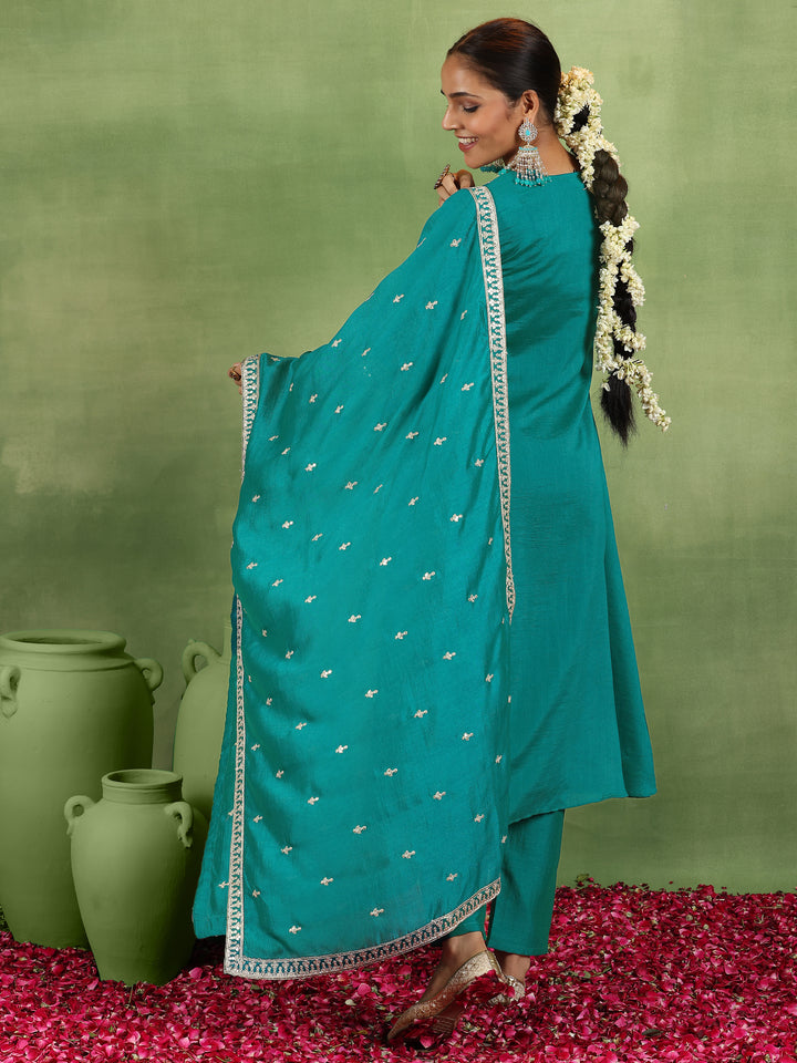 Green Yoke Design Silk Blend Anarkali Suit With Dupatta