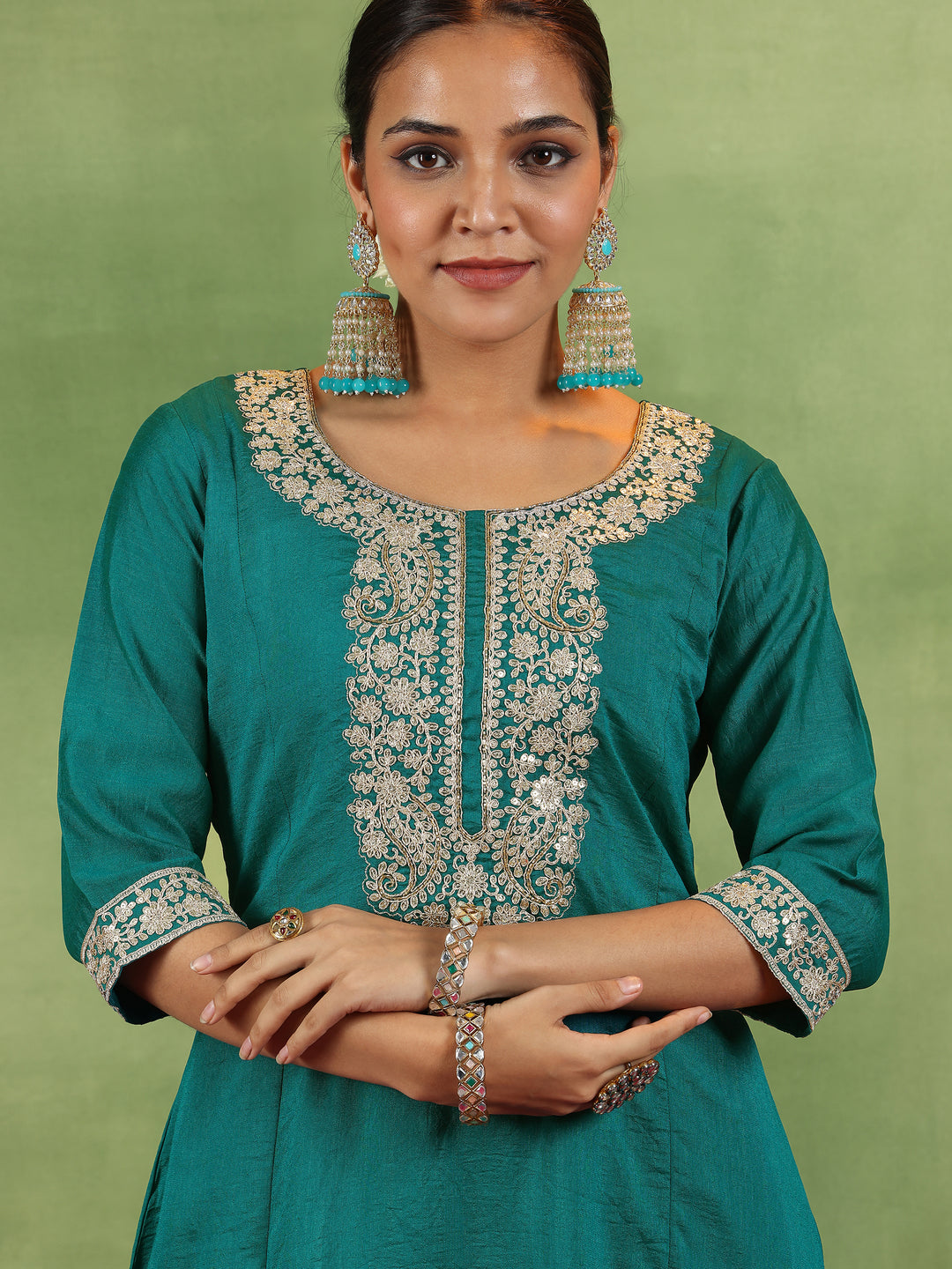 Green Yoke Design Silk Blend Anarkali Suit With Dupatta