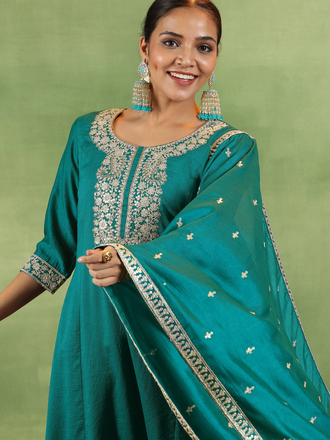 Green Yoke Design Silk Blend Anarkali Suit With Dupatta