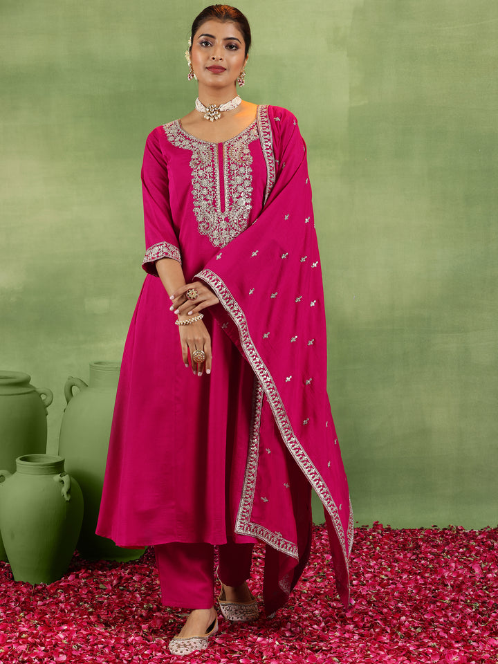 Pink Yoke Design Silk Blend A-Line Kurta With Trousers & Dupatta