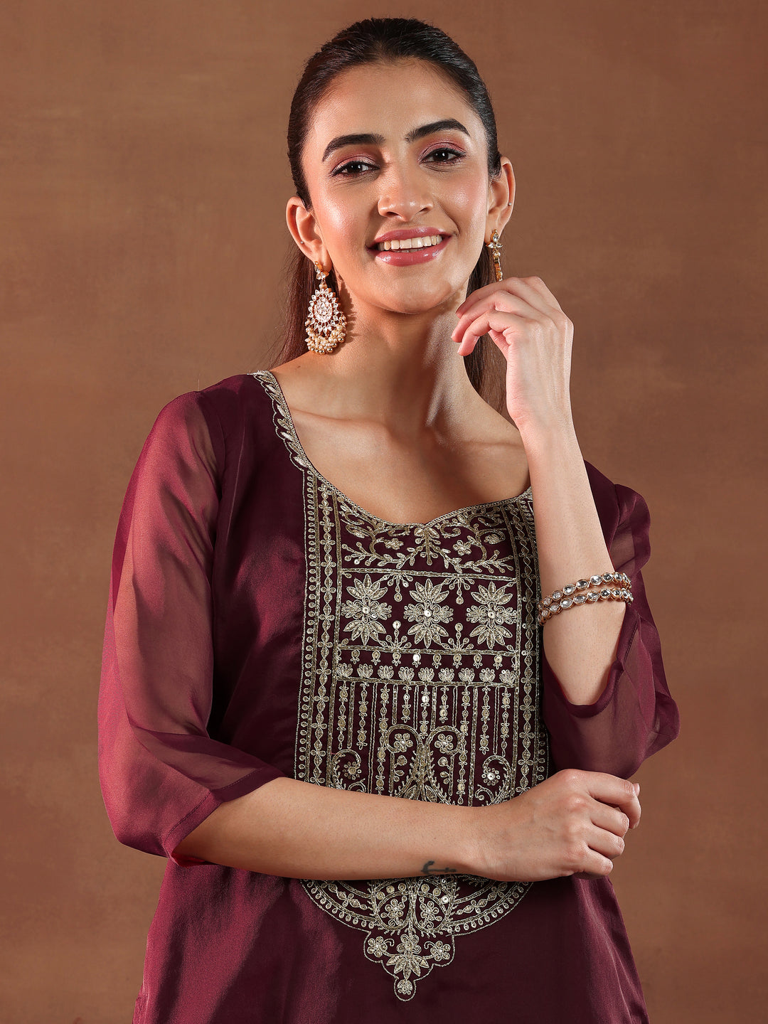 Maroon Yoke Design Organza Straight Suit With Dupatta