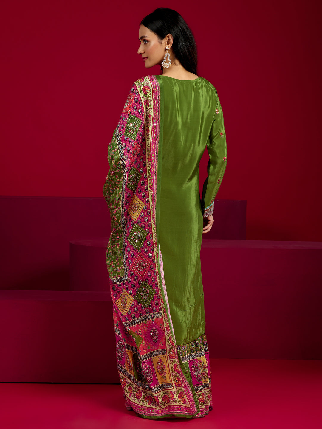 Libas Art Green Embroidered Silk Blend Straight Suit With Dupatta