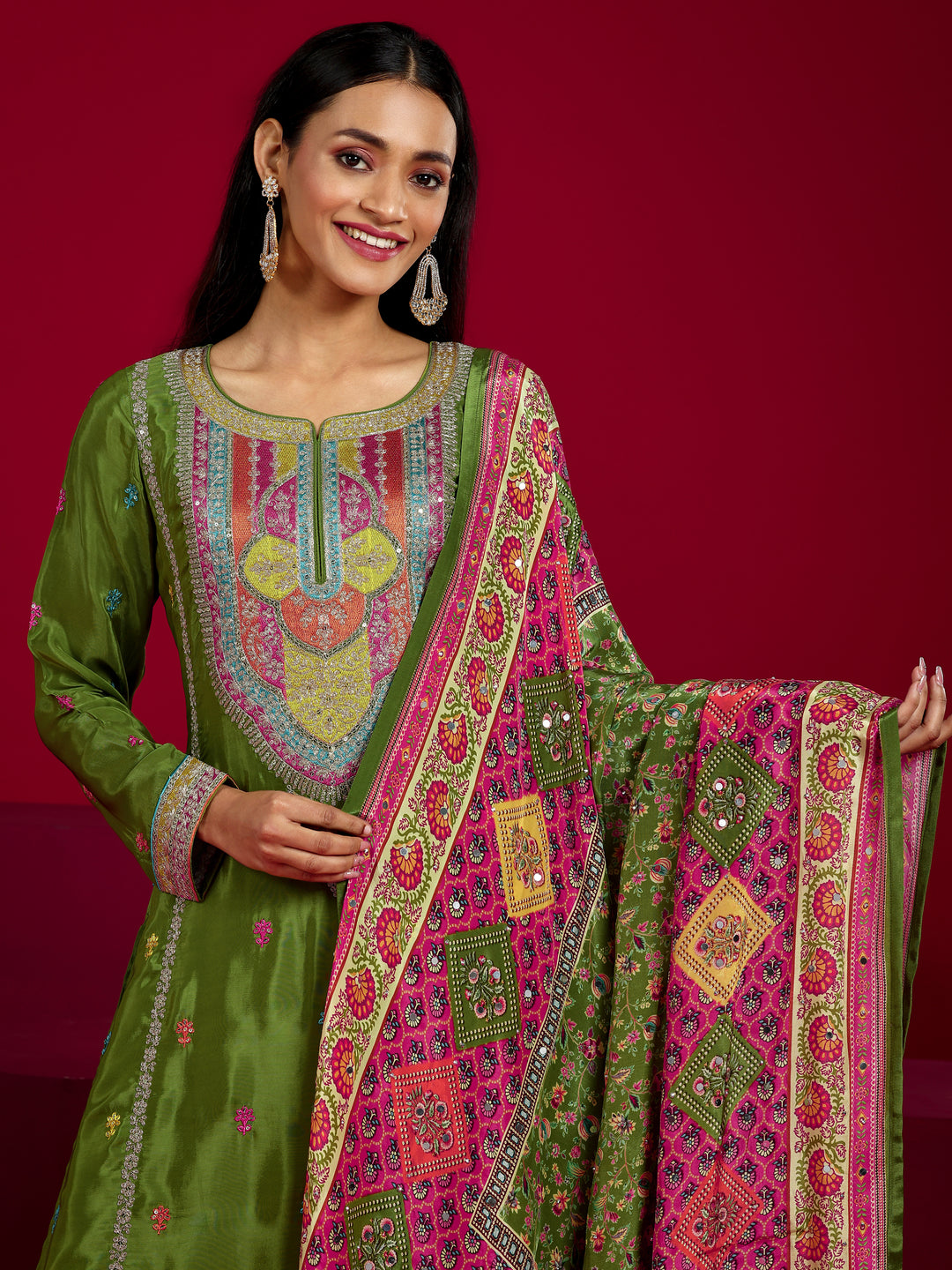 Libas Art Green Embroidered Silk Blend Straight Suit With Dupatta
