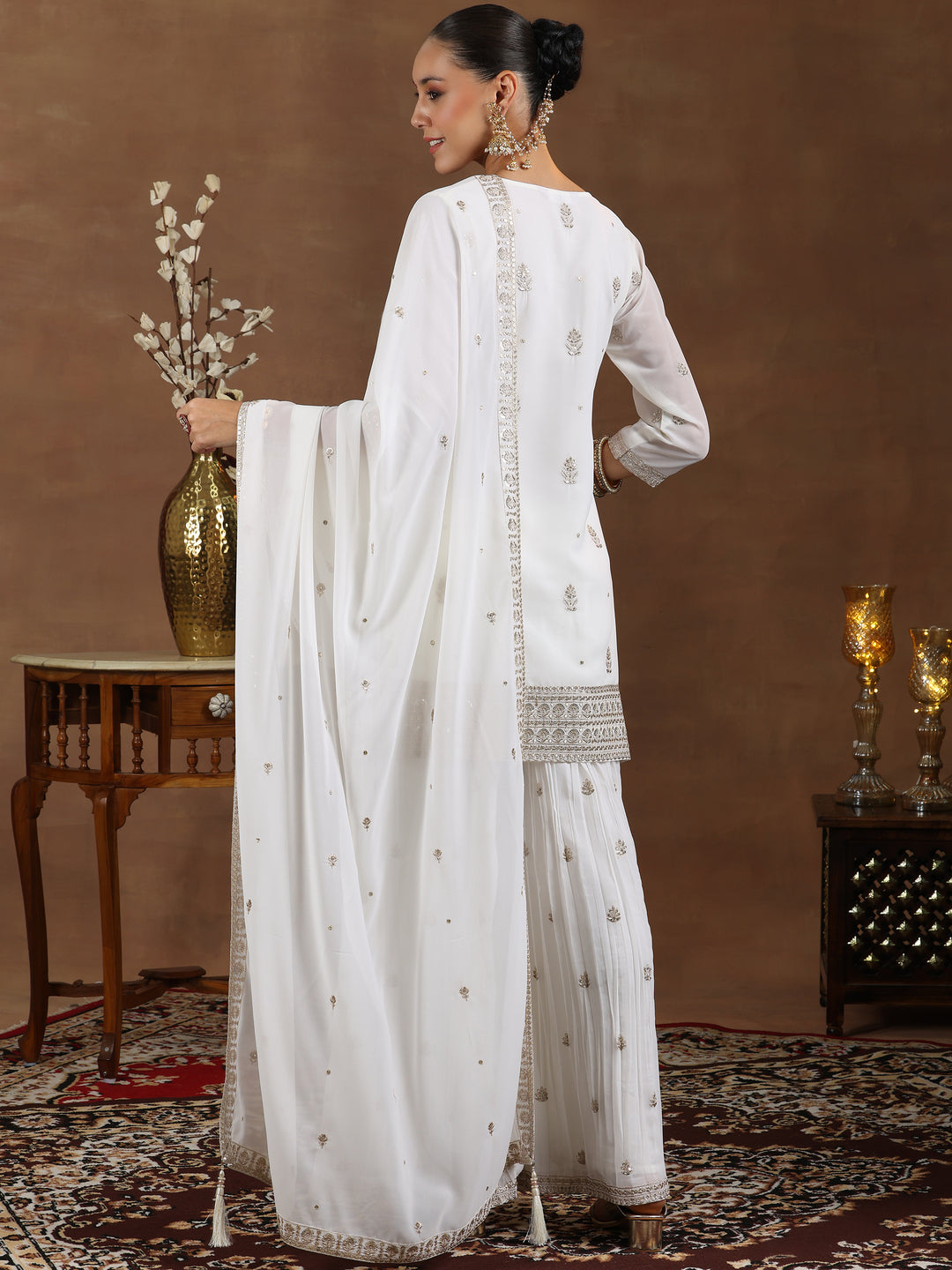 White Embroidered Georgette Straight Suit With Dupatta