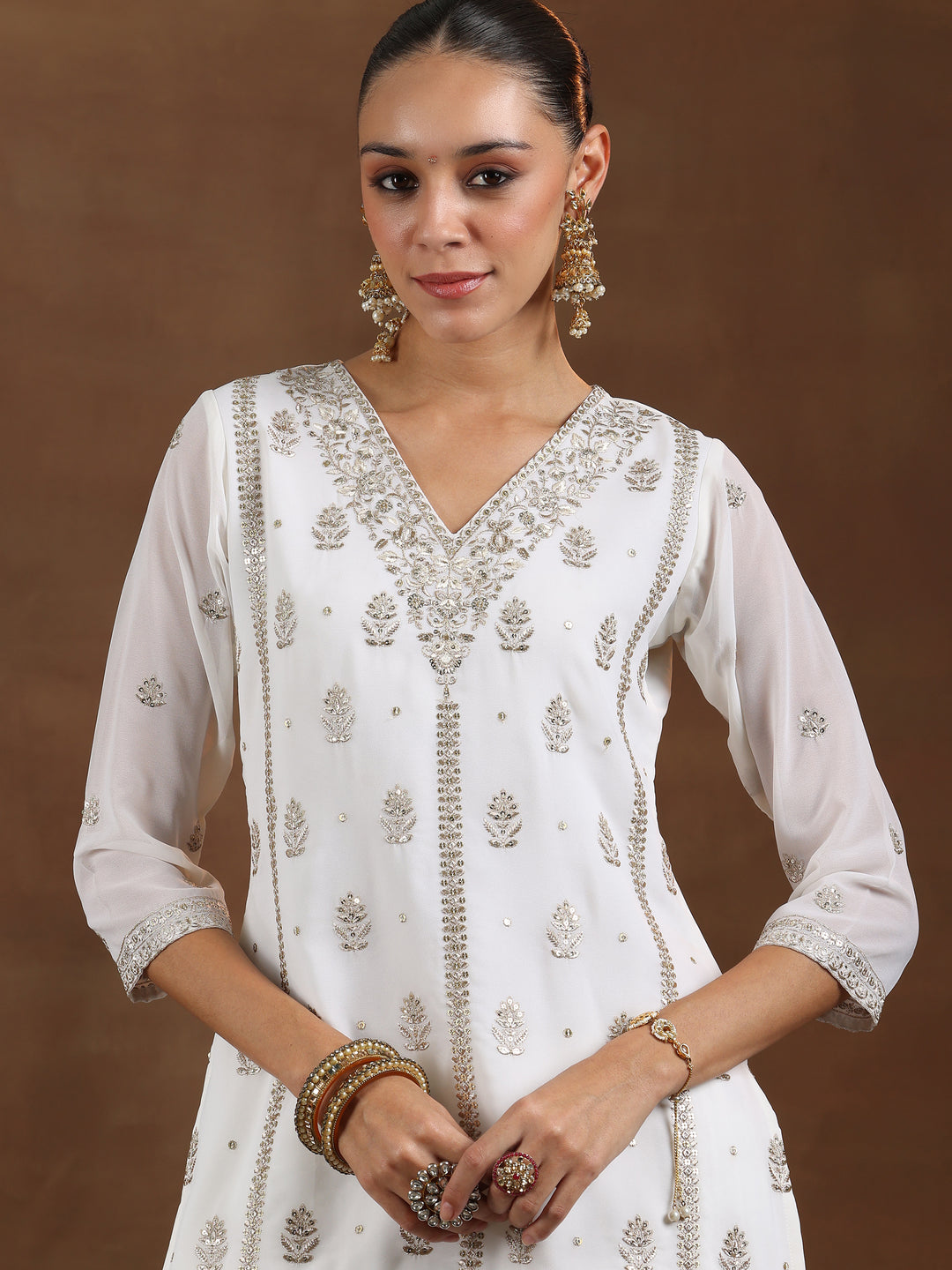 White Embroidered Georgette Straight Suit With Dupatta