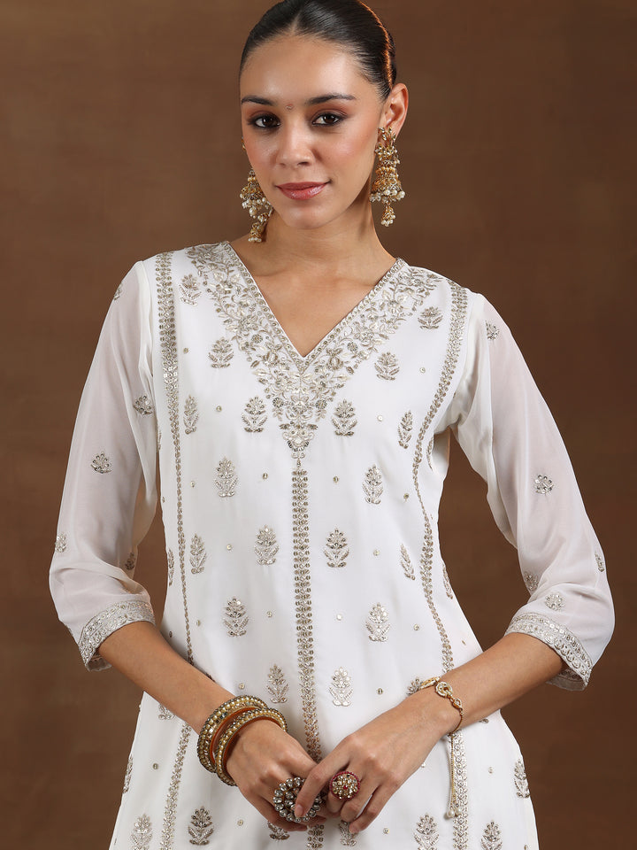 White Embroidered Georgette Straight Suit With Dupatta