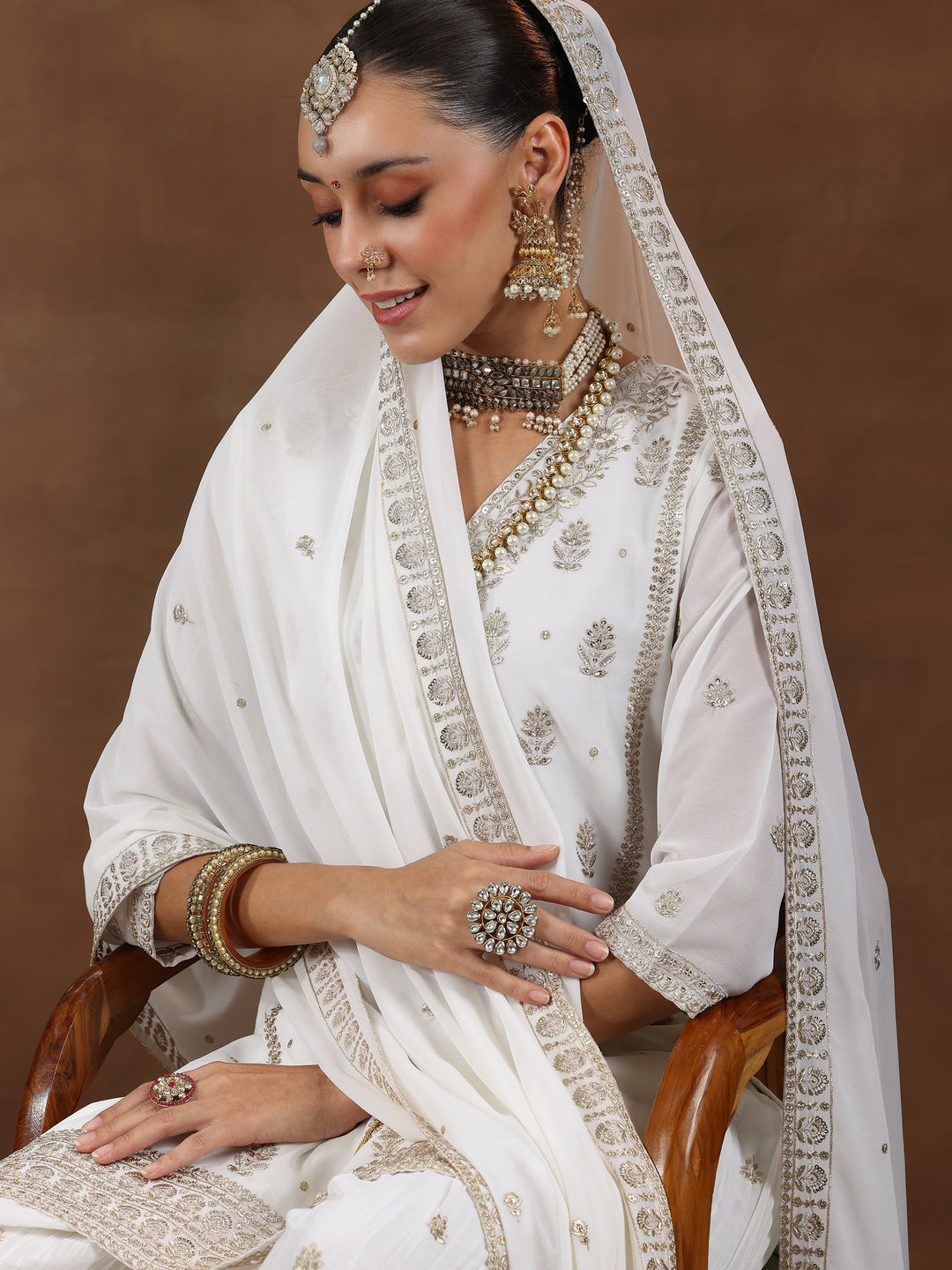 White Embroidered Georgette Straight Suit With Dupatta