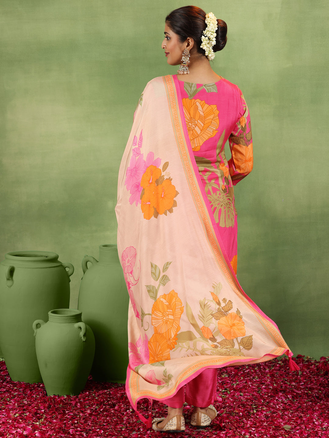 Pink Printed Muslin Straight Suit With Dupatta