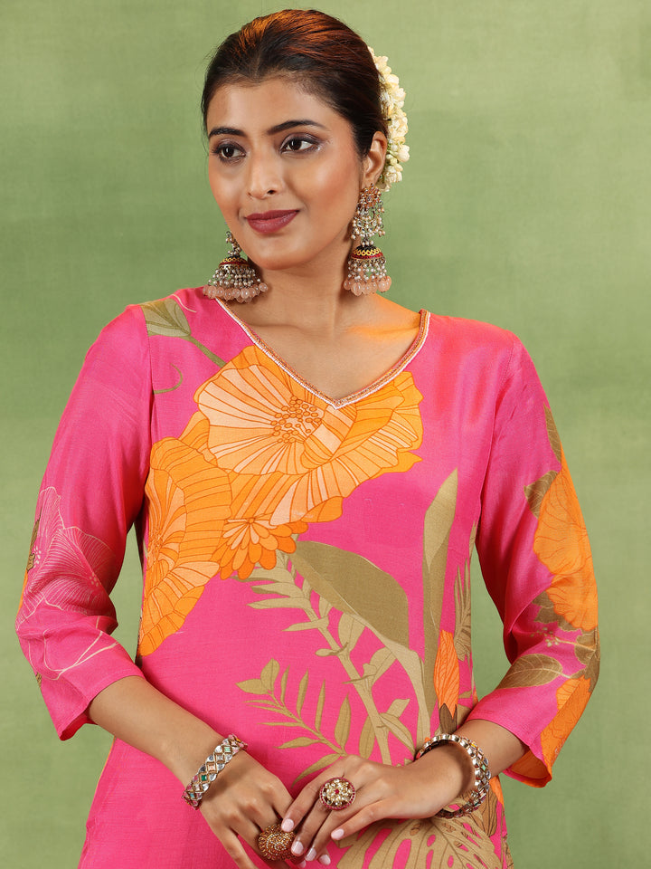 Pink Printed Muslin Straight Suit With Dupatta