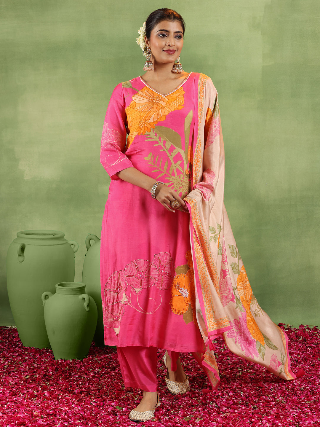 Pink Printed Muslin Straight Suit With Dupatta