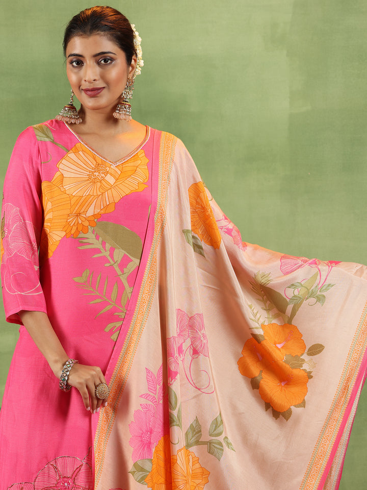 Pink Printed Muslin Straight Suit With Dupatta