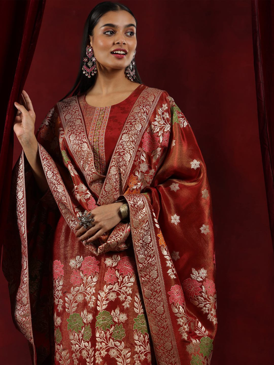 Libas Art Rust Woven Design Silk Blend Straight Suit With Dupatta