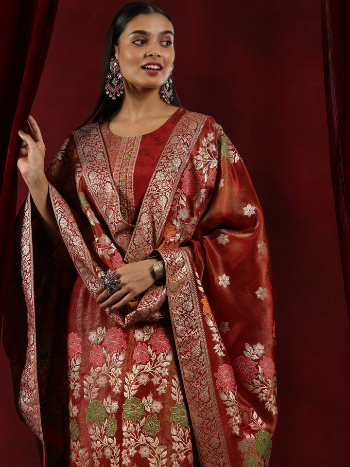 Libas Art Rust Woven Design Silk Blend Straight Suit With Dupatta