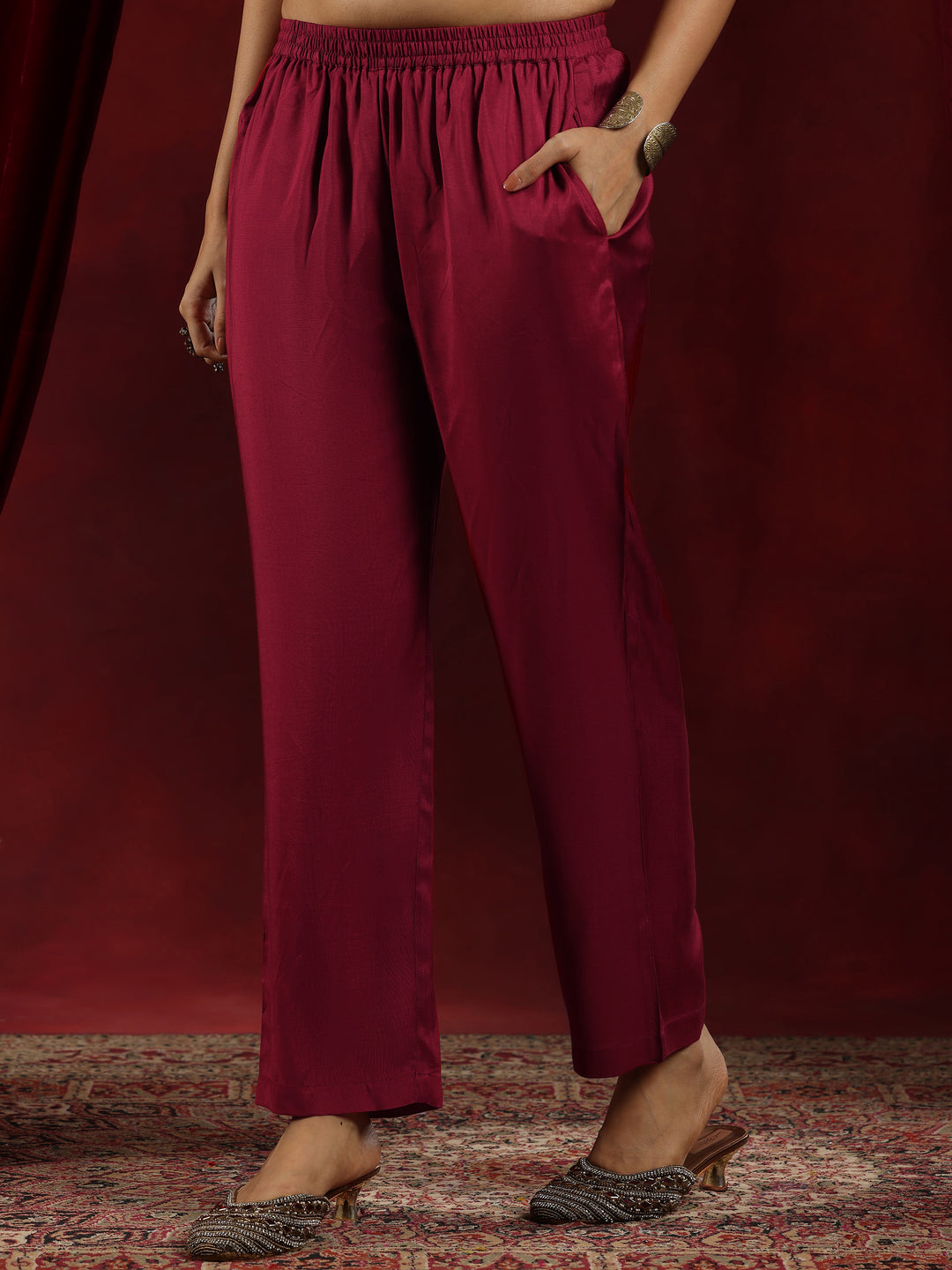 Libas Art Rust Woven Design Silk Blend Straight Suit With Dupatta