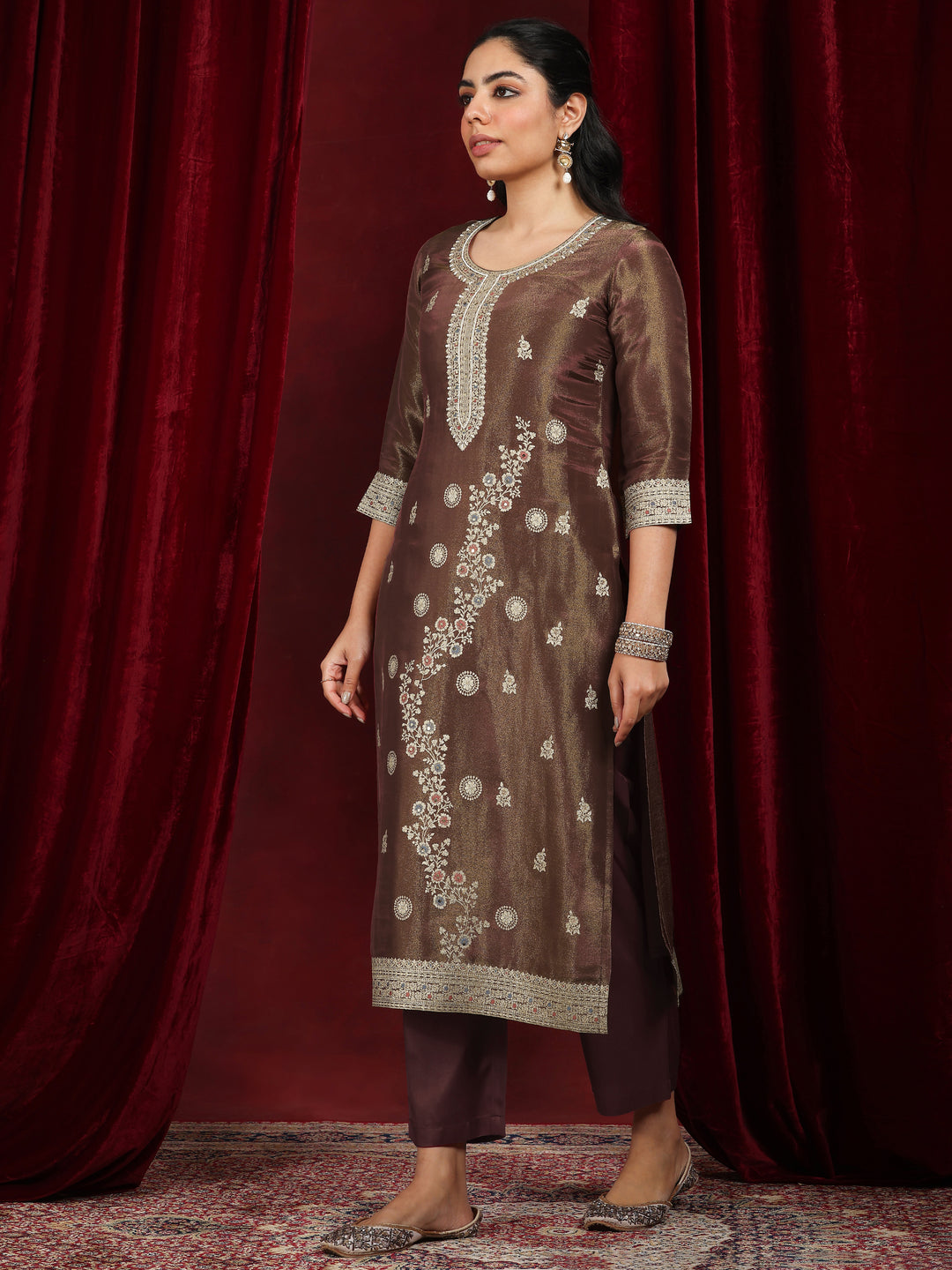 Libas Art Rust Woven Design Silk Blend Straight Suit With Dupatta