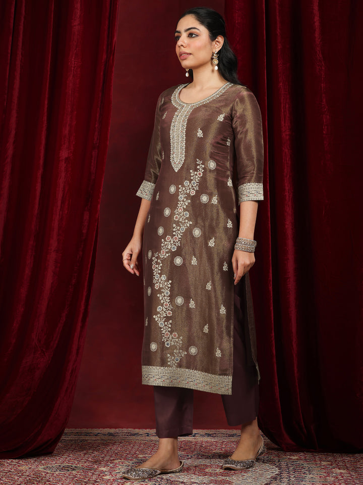 Libas Art Rust Woven Design Silk Blend Straight Suit With Dupatta