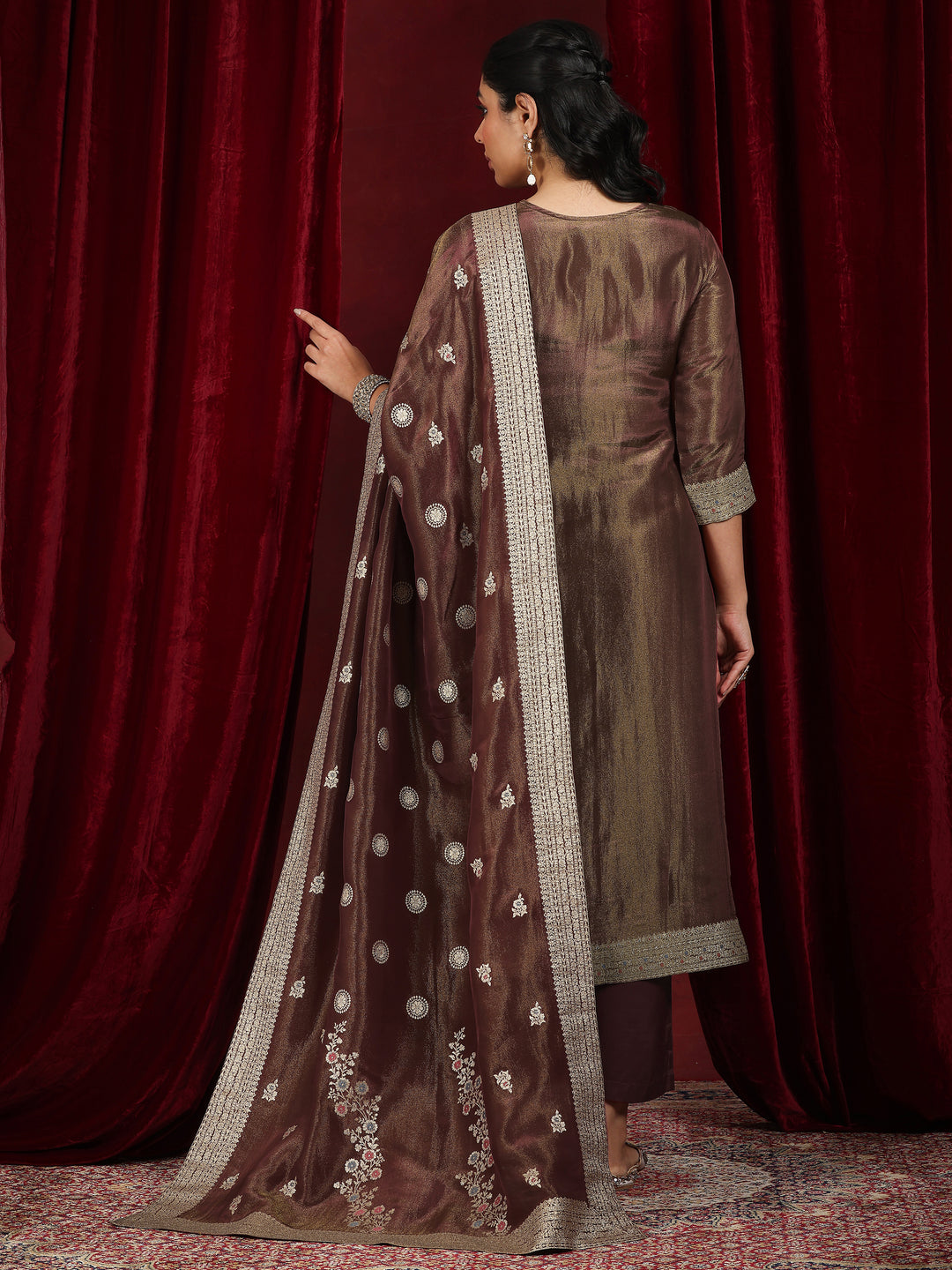 Libas Art Rust Woven Design Silk Blend Straight Suit With Dupatta