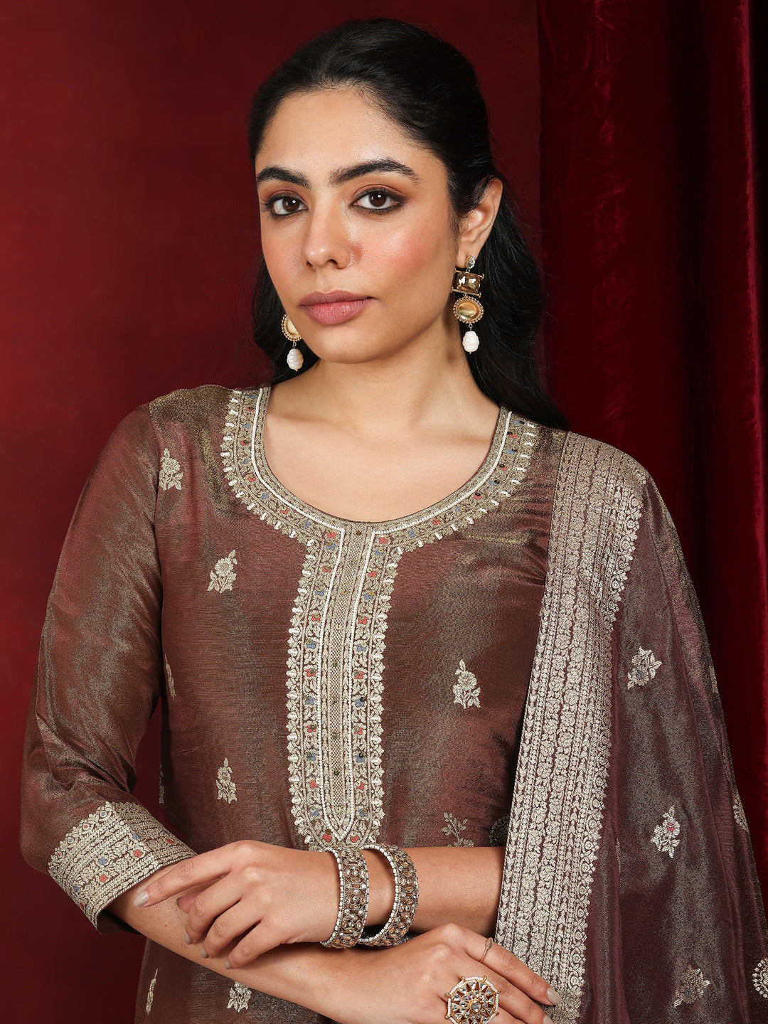 Libas Art Rust Woven Design Silk Blend Straight Suit With Dupatta