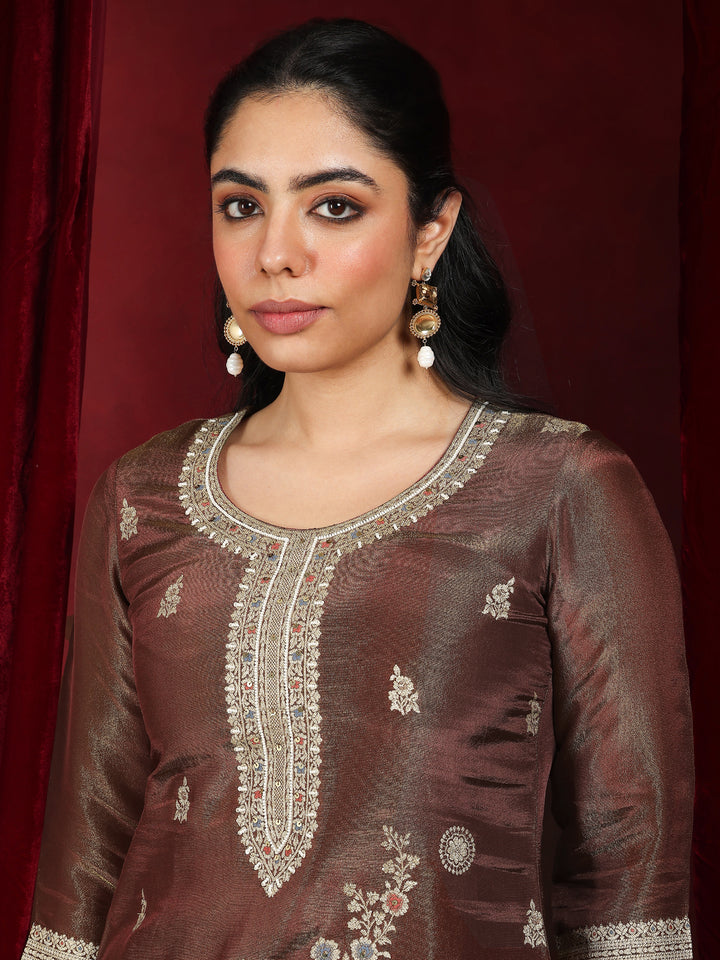 Libas Art Rust Woven Design Silk Blend Straight Suit With Dupatta