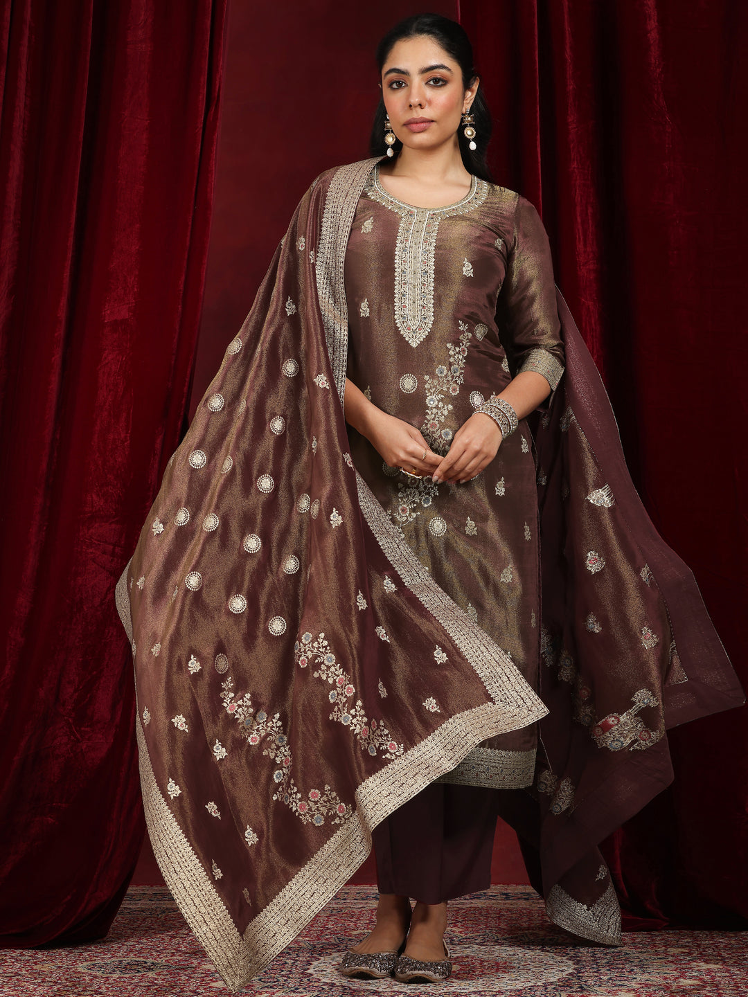 Libas Art Rust Woven Design Silk Blend Straight Suit With Dupatta