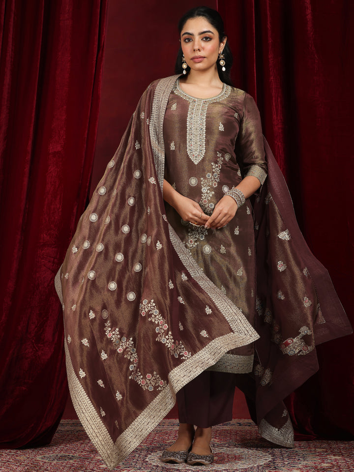 Libas Art Rust Woven Design Silk Blend Straight Suit With Dupatta