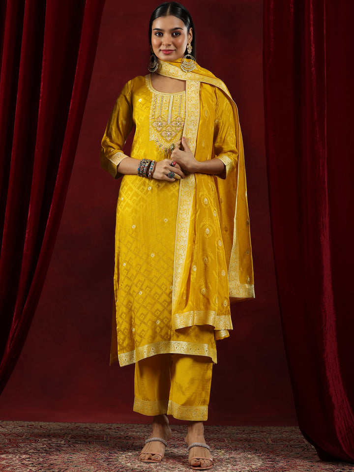 Libas Art Mustard Woven Design Silk Blend Straight Suit With Dupatta