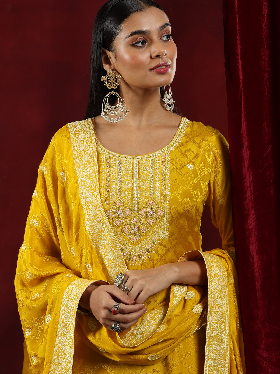Libas Art Mustard Woven Design Silk Blend Straight Suit With Dupatta