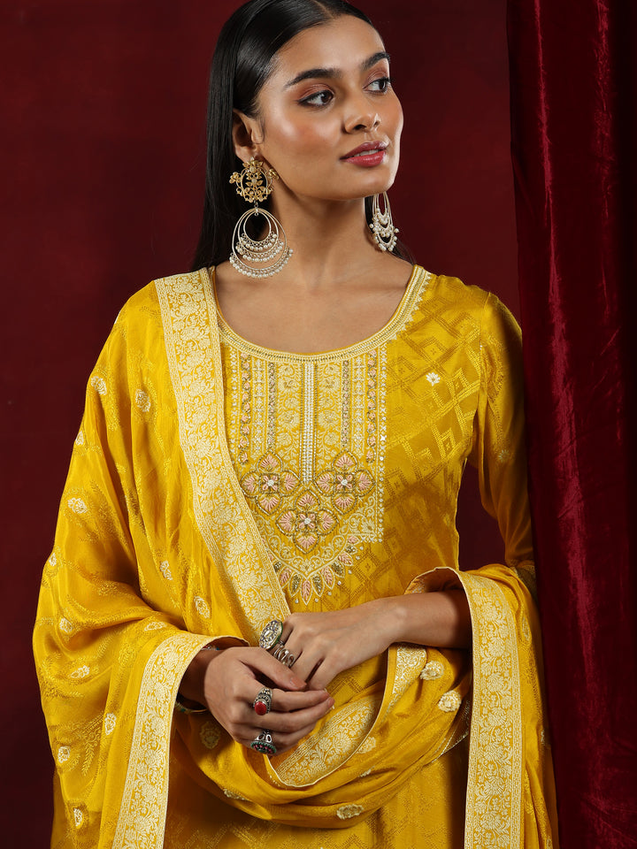 Libas Art Mustard Woven Design Silk Blend Straight Suit With Dupatta