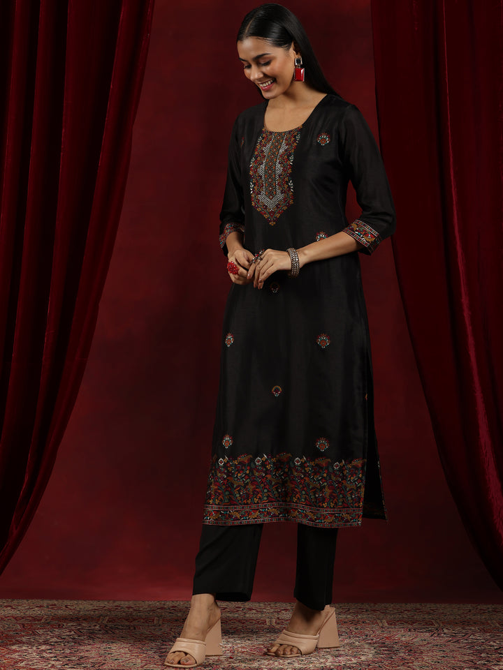 Libas Art Black Woven Design Silk Blend Straight Suit With Dupatta