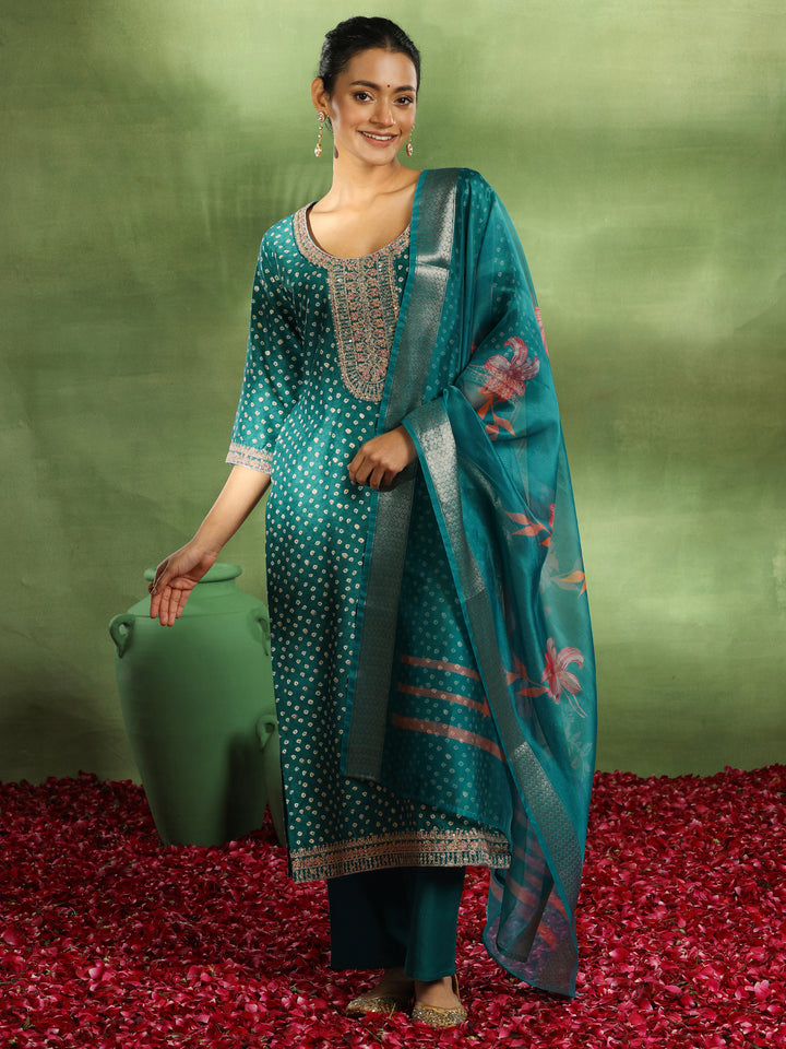 Green Printed Silk Blend Straight Suit With Dupatta