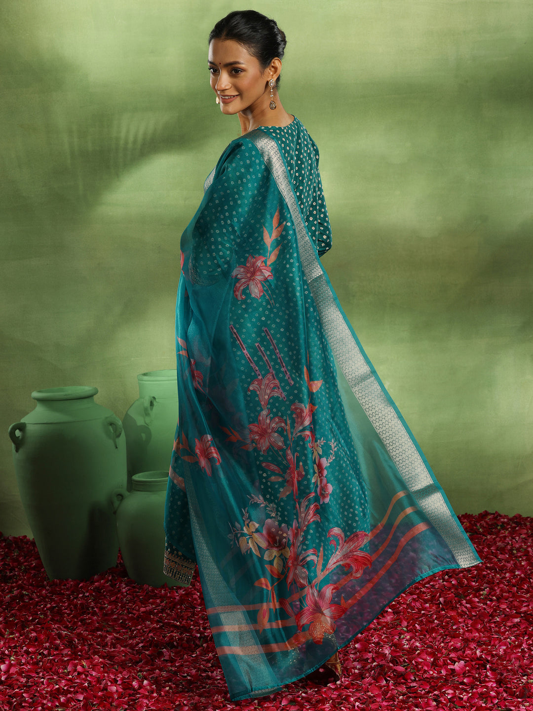 Green Printed Silk Blend Straight Suit With Dupatta