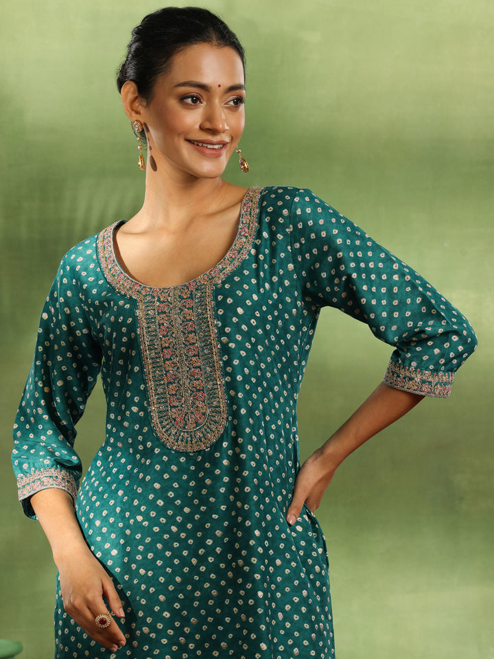 Green Printed Silk Blend Straight Suit With Dupatta