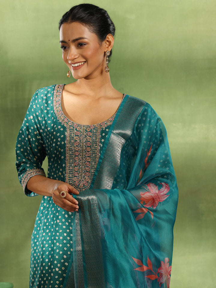 Green Printed Silk Blend Straight Suit With Dupatta