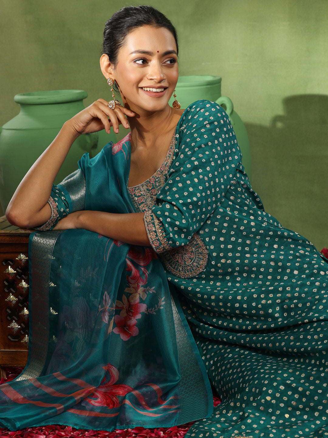 Green Printed Silk Blend Straight Suit With Dupatta