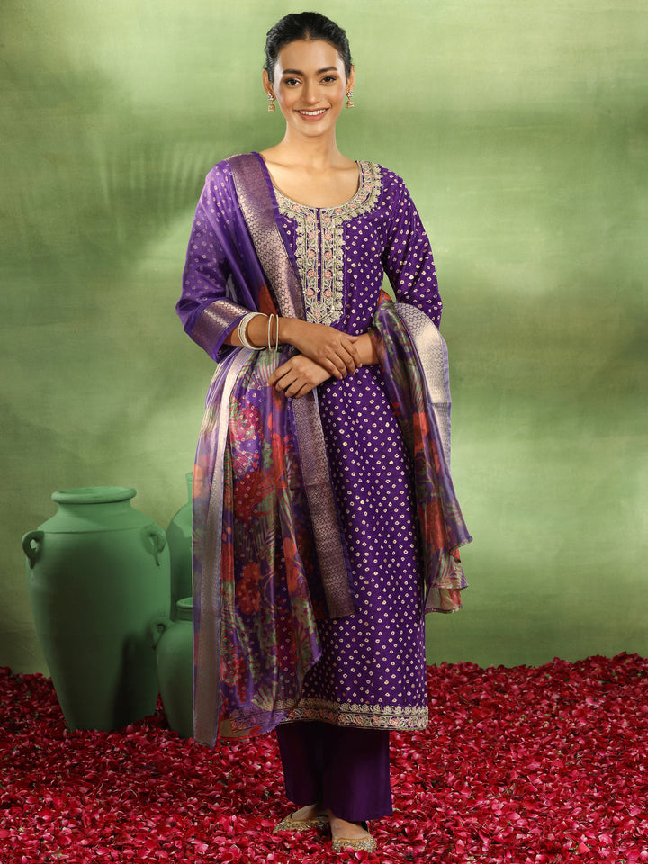 Purple Printed Silk Blend Straight Suit With Dupatta
