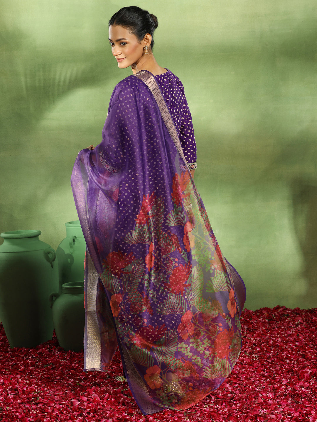 Purple Printed Silk Blend Straight Suit With Dupatta