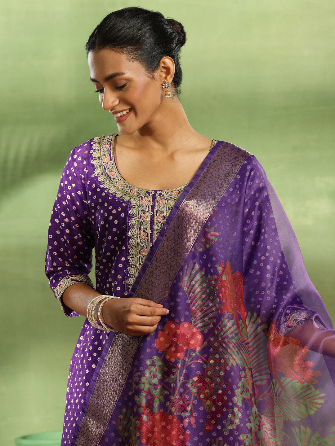 Purple Printed Silk Blend Straight Suit With Dupatta