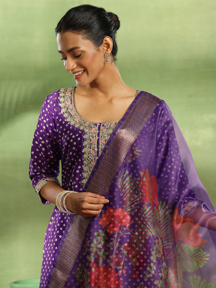 Purple Printed Silk Blend Straight Suit With Dupatta