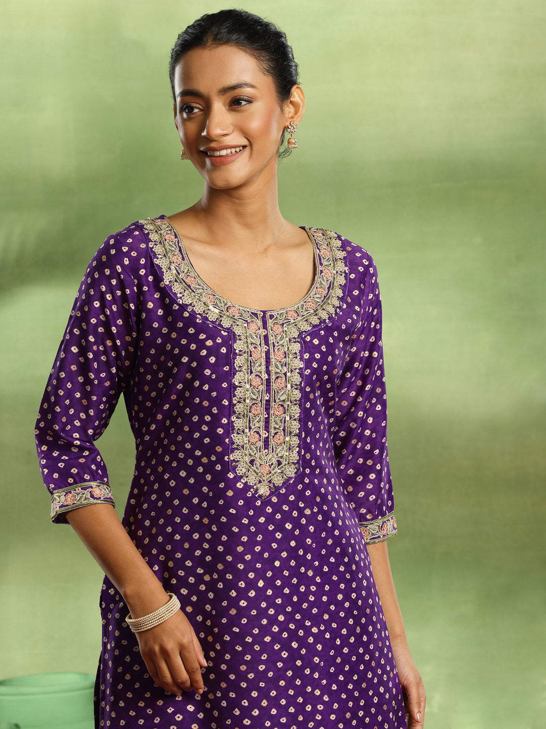 Purple Printed Silk Blend Straight Suit With Dupatta