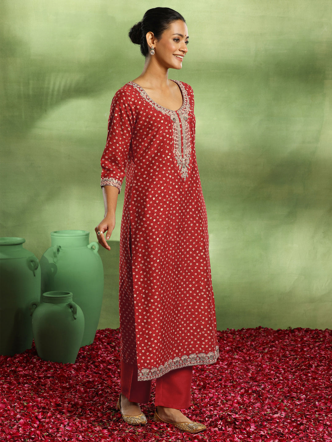 Red Printed Silk Blend Straight Suit With Dupatta