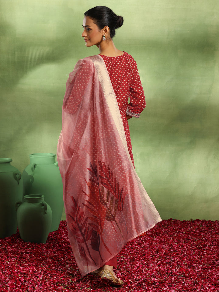 Red Printed Silk Blend Straight Suit With Dupatta